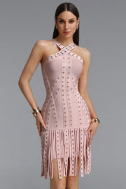 Sergio Sexy Cinched Waist Halter Metallic Decor Tassel Bandage Mini Dress